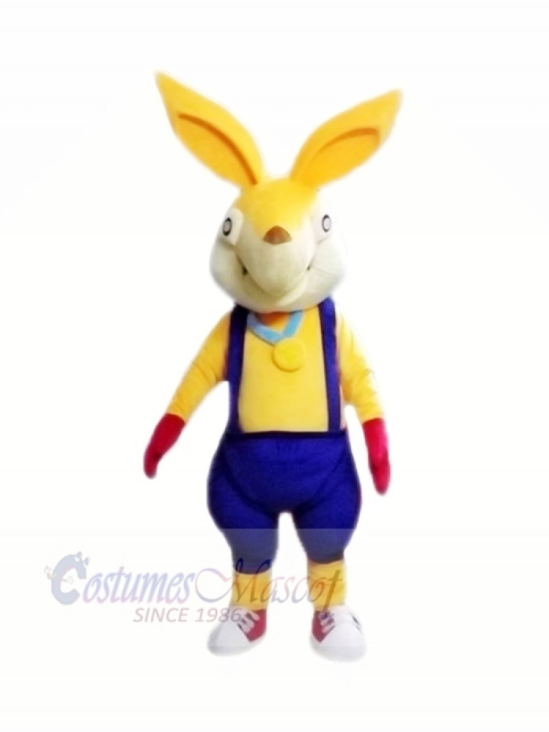 Yellow Rabbit with Blue Overalls Mascot Costumes Cartoon	