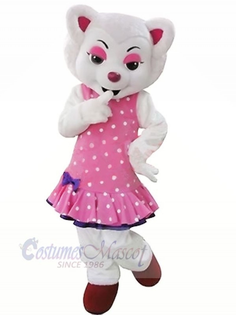 White Beautiful Wolf in Pink Dress Mascot Costumes Cartoon	
