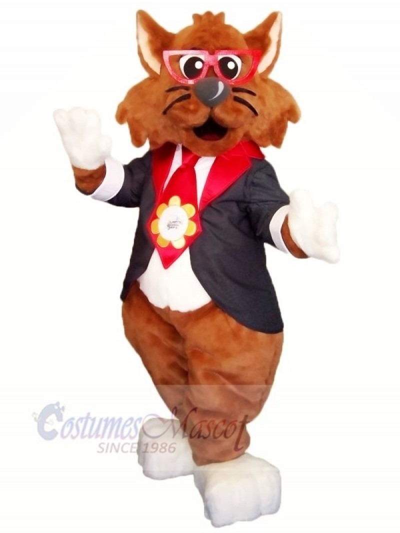 Brown Cat with Glasses Mascot Costumes Cartoon