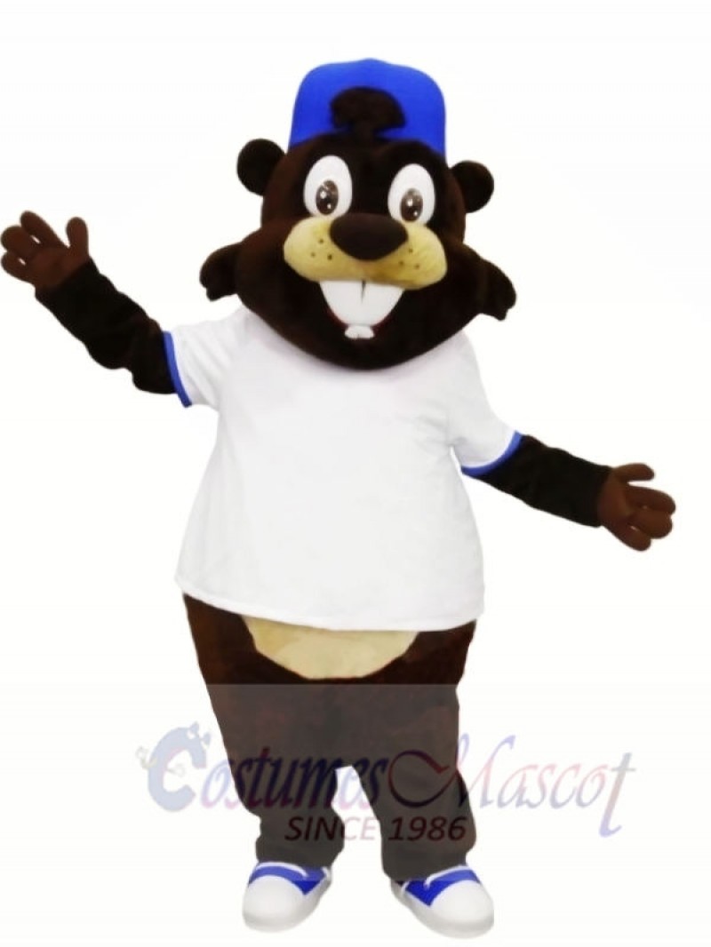 Smiling Beaver with White T-shirt Mascot Costumes Animal