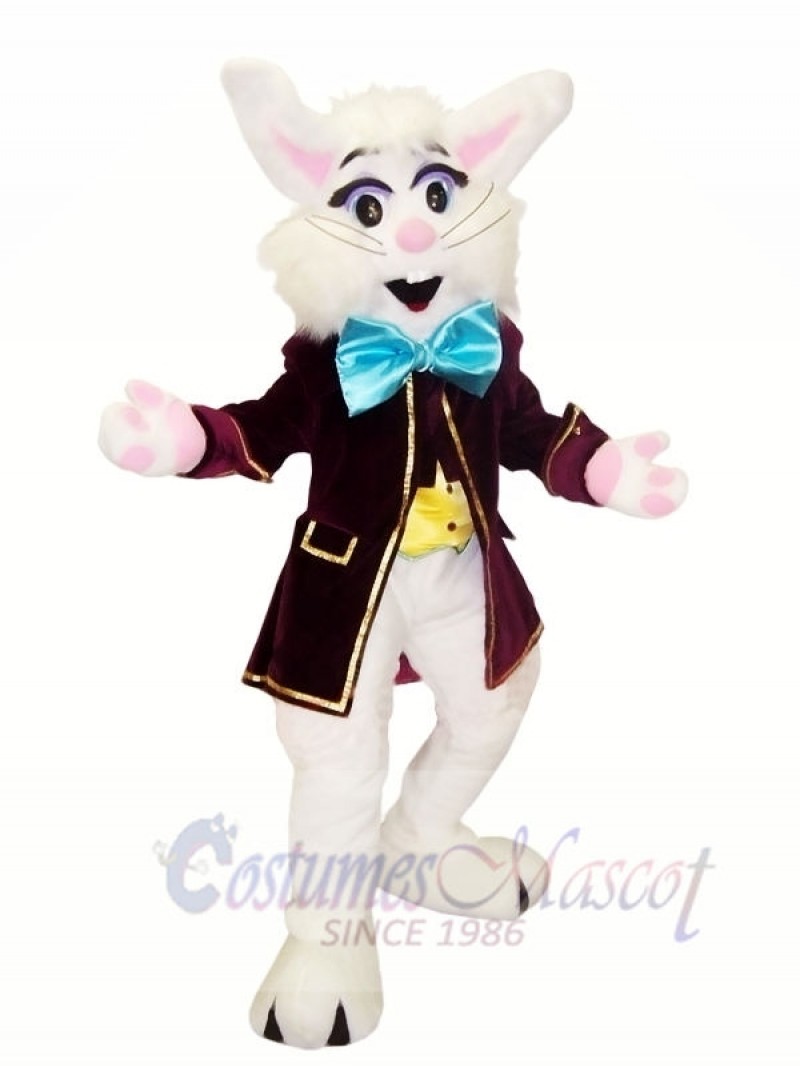 White Bunny with Blue Bowknot Mascot Costumes Animal