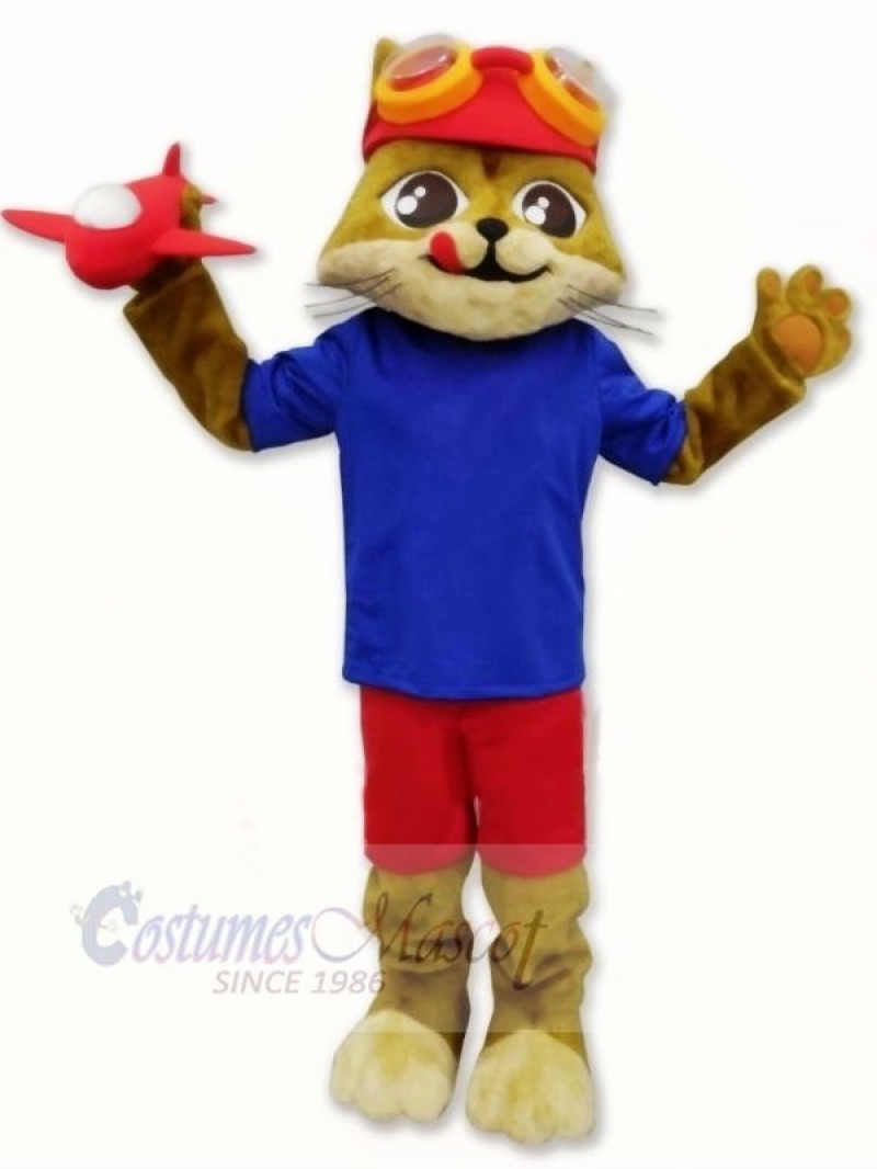 Pilot Cat with Blue T-shirt Mascot Costumes Cartoon