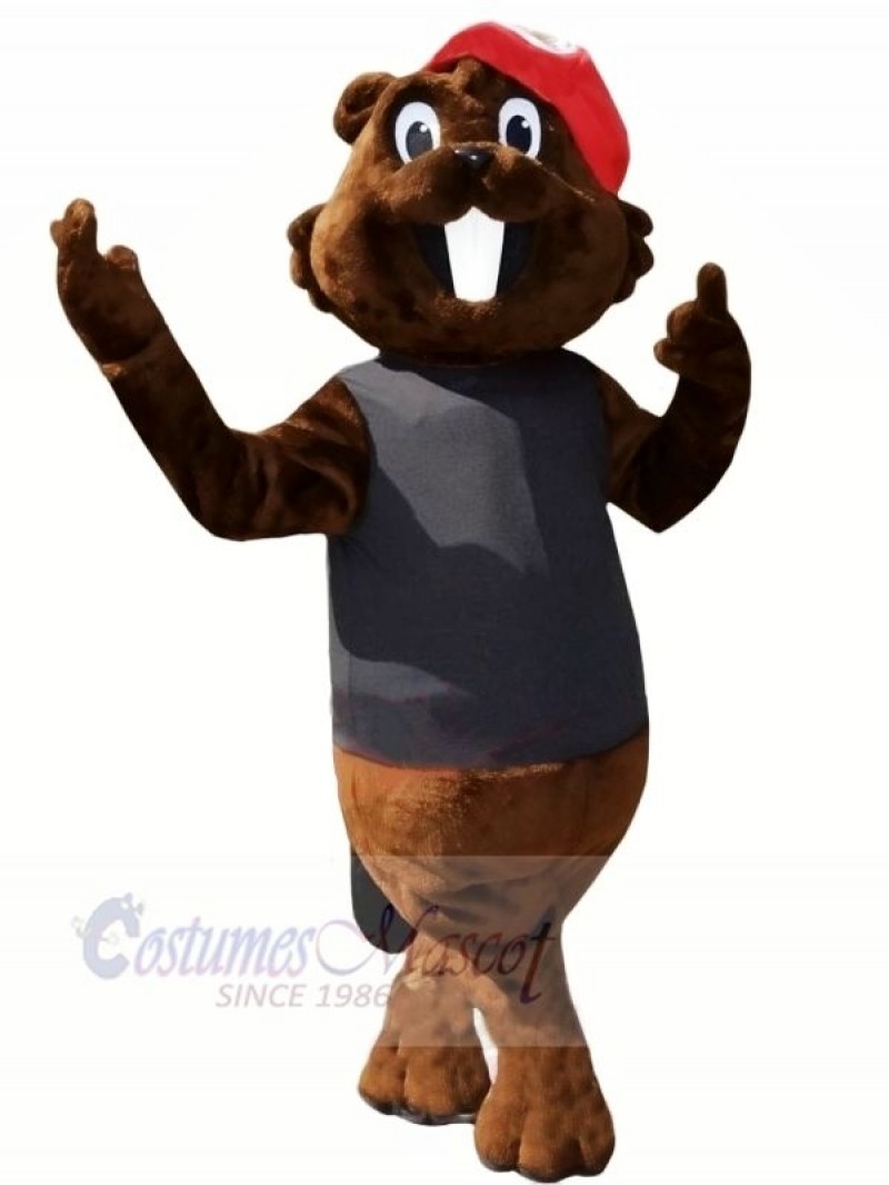 Brown Beaver with Red Hat Mascot Costumes Cartoon