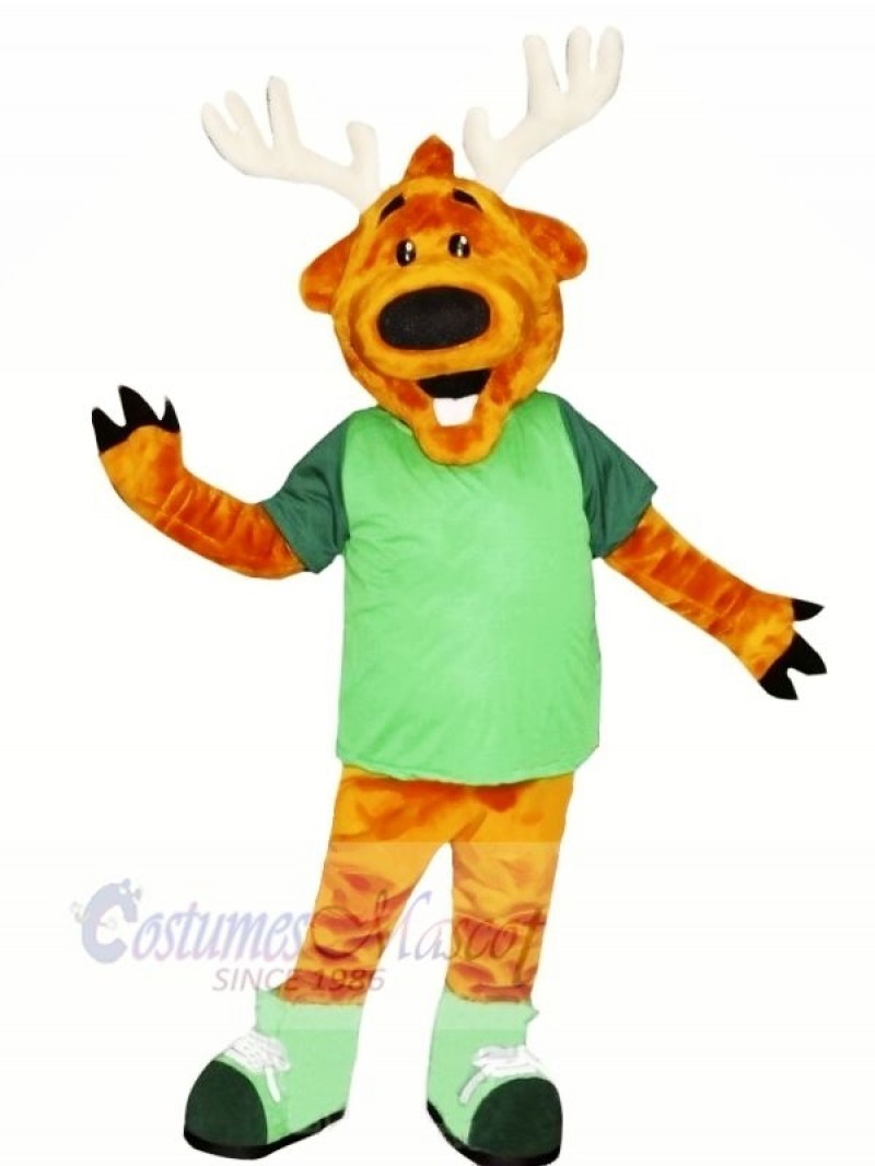 Happy Deer with Green T-shirt Mascot Costume Animal