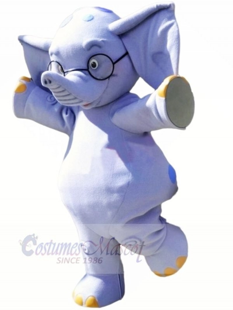 Blue Elephant with Glasses Mascot Costumes Cartoon