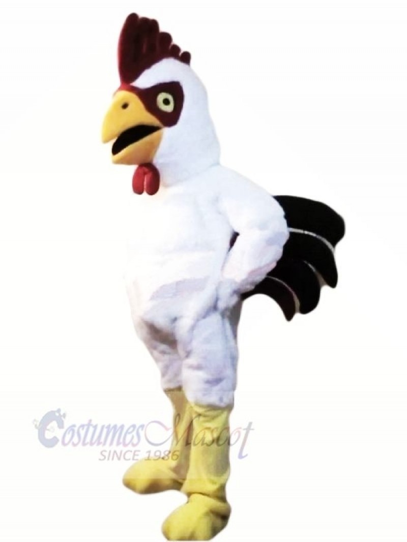 Power Muscular White Rooster Mascot Costume Cartoon