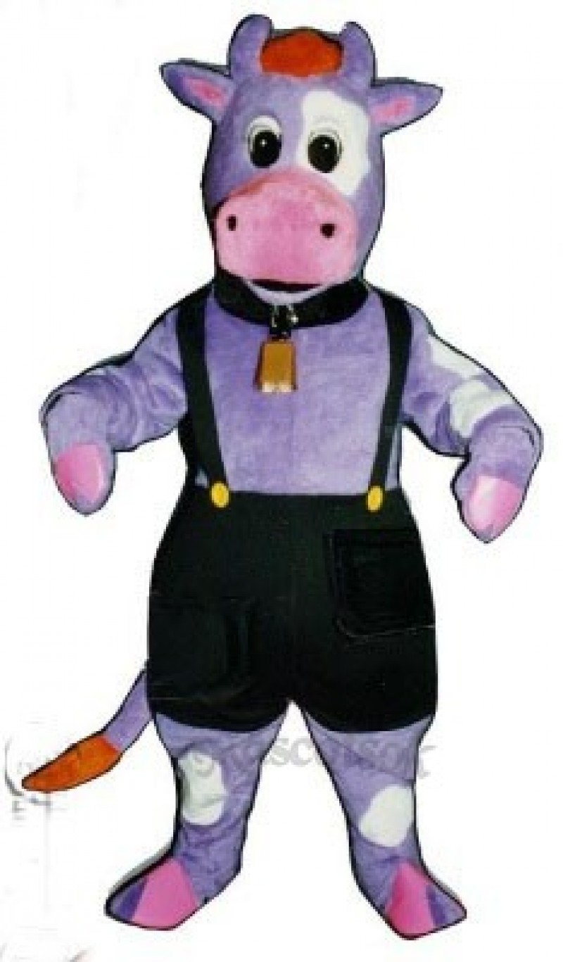 Cute Purple Cow with Overalls and Bell Mascot Costume