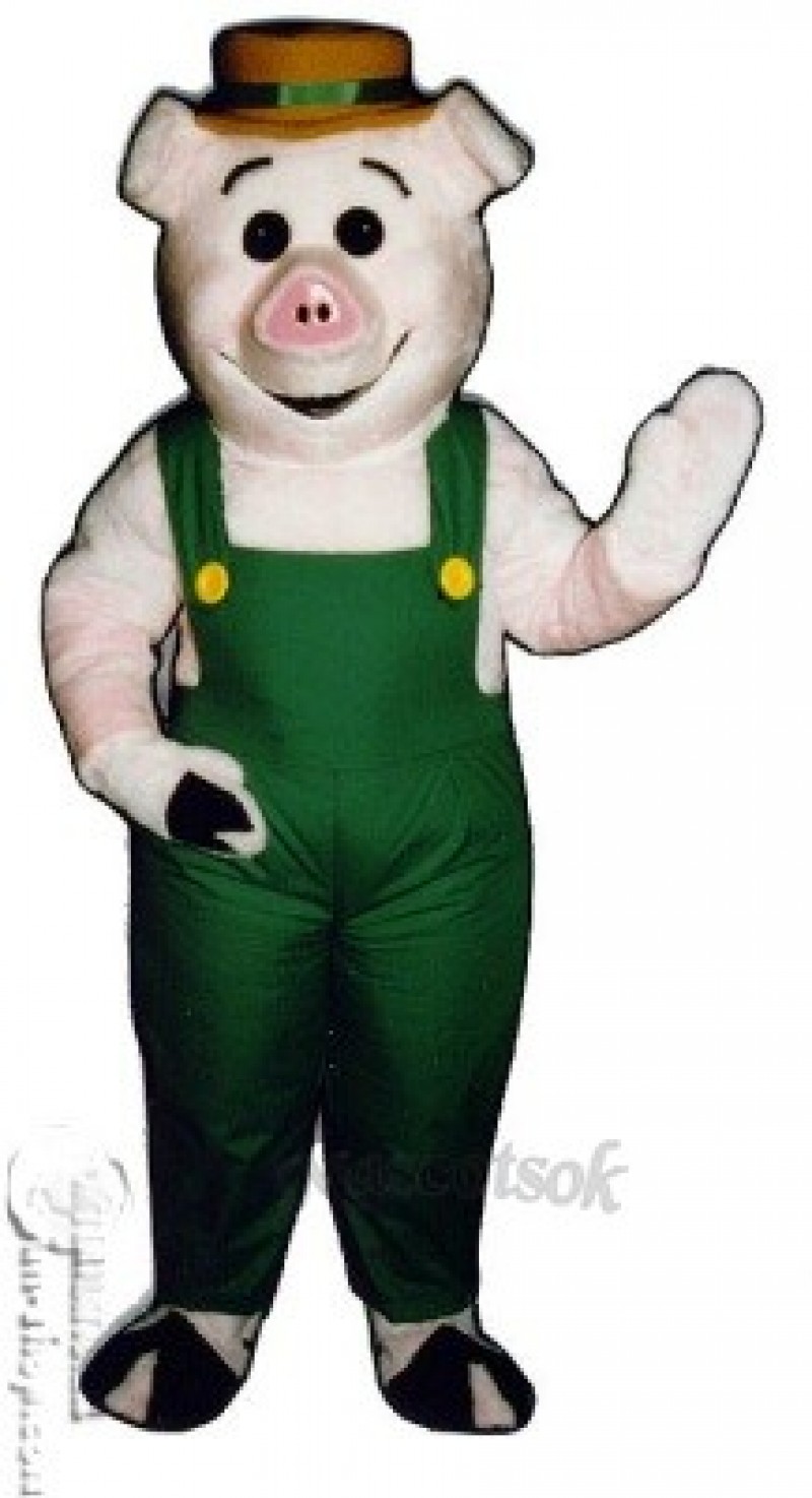 Farmer Piglet Pig Hog with Overalls & Hat Mascot Costume