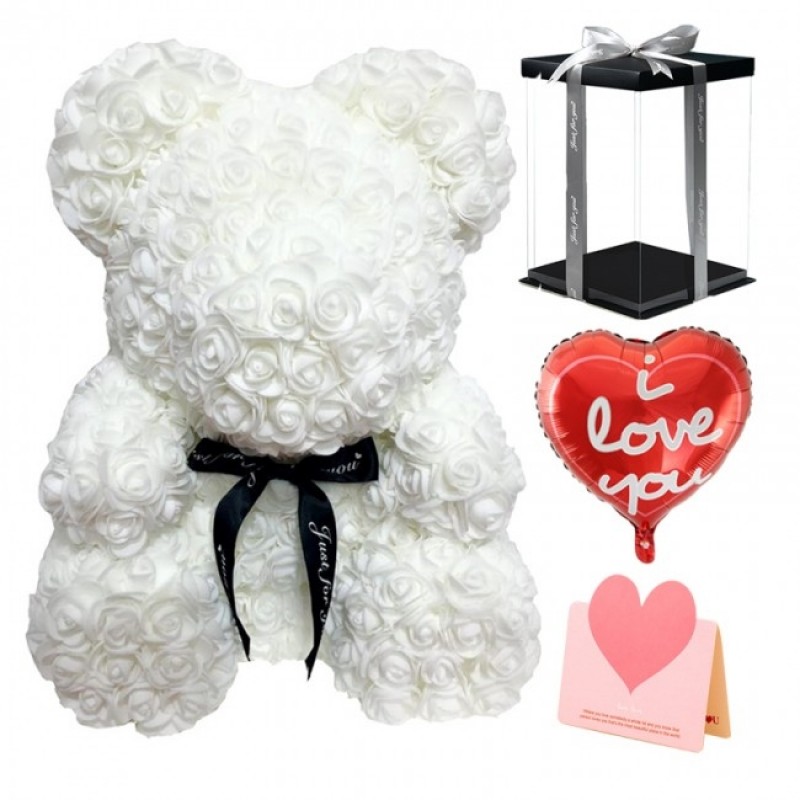 White Rose Teddy Bear Flower Bear with Balloon, Greeting Card & Gift Box for Mothers Day, Valentines Day, Anniversary, Weddings & Birthday