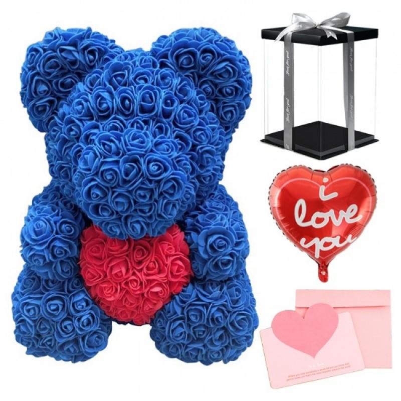 Blue Rose Teddy Bear Flower Bear with Red Heart with Balloon, Greeting Card & Gift Box for Mothers Day, Valentines Day, Anniversary, Weddings & Birthday