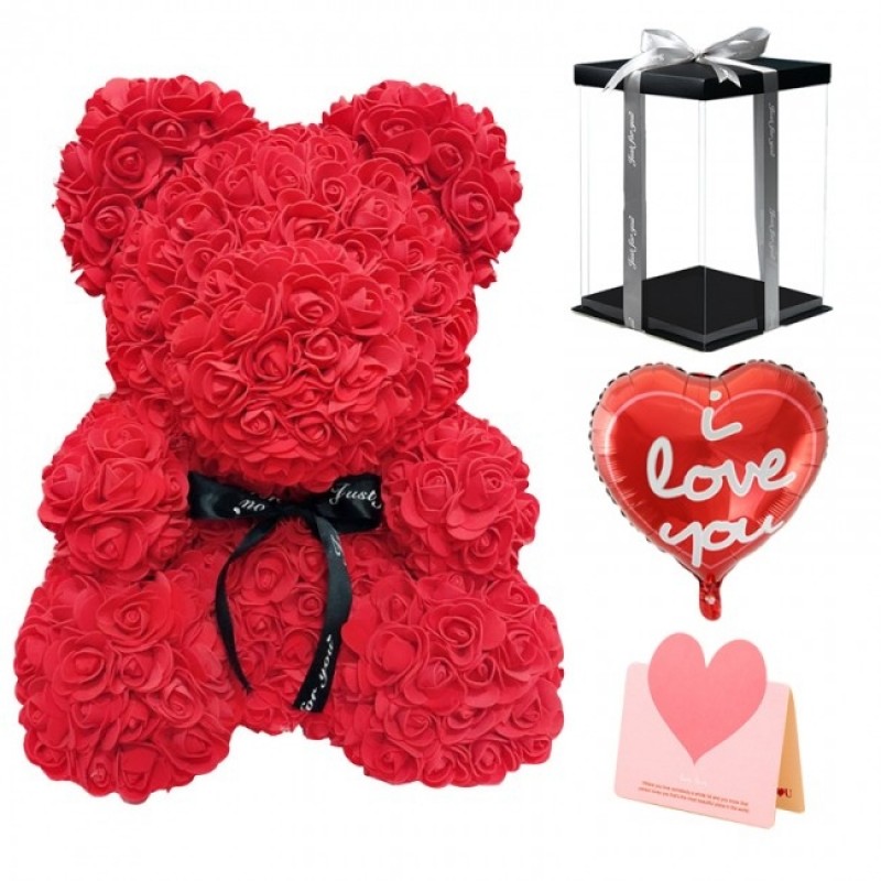Red Rose Teddy Bear Flower Bear Gift for Mothers Day, Valentines Day, Anniversary, Weddings & Birthday with Balloon, Greeting Card & Clear Gift Box Included 10 Inches