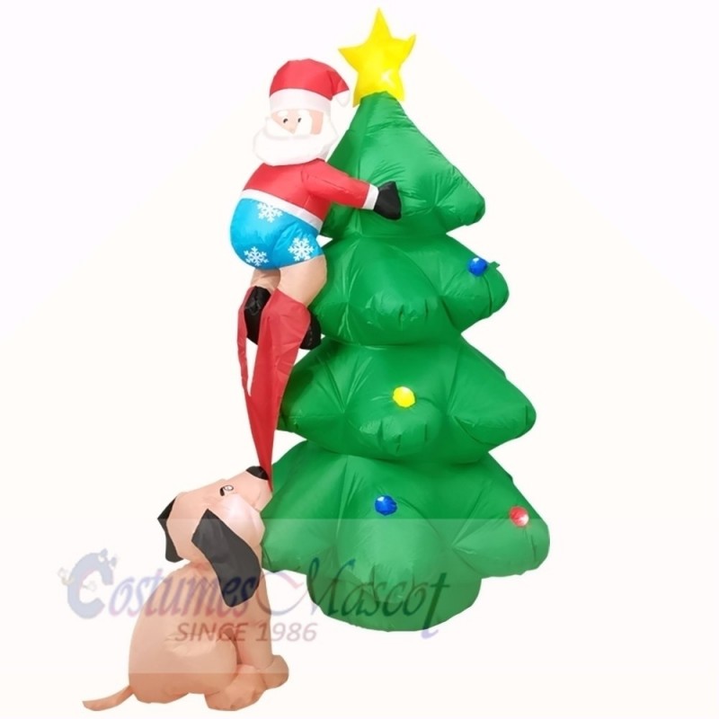 6ft Inflatable Santa Claus Climbing on Christmas Tree Chased by Dog with LED Lights Holiday Decoration Outdoor Yard Lawn Art Decor