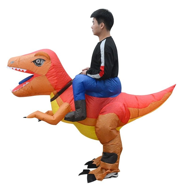 Orange and Yellow Velociraptor Dinosaur Carry me Ride on Inflatable Costume for Adult