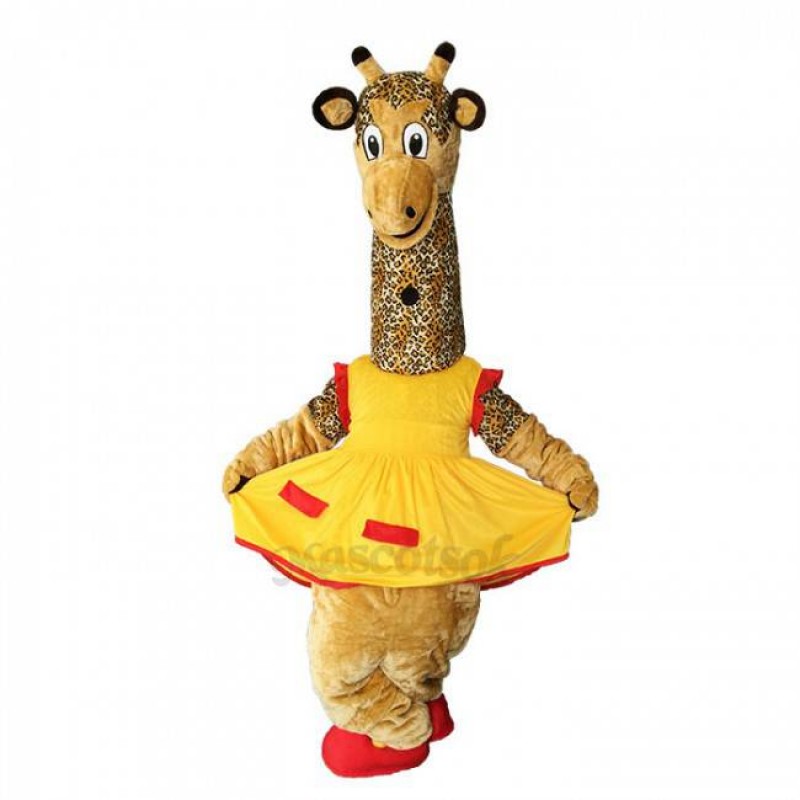 New Friendly Female Giraffe in Yellow Dress Mascot Costume