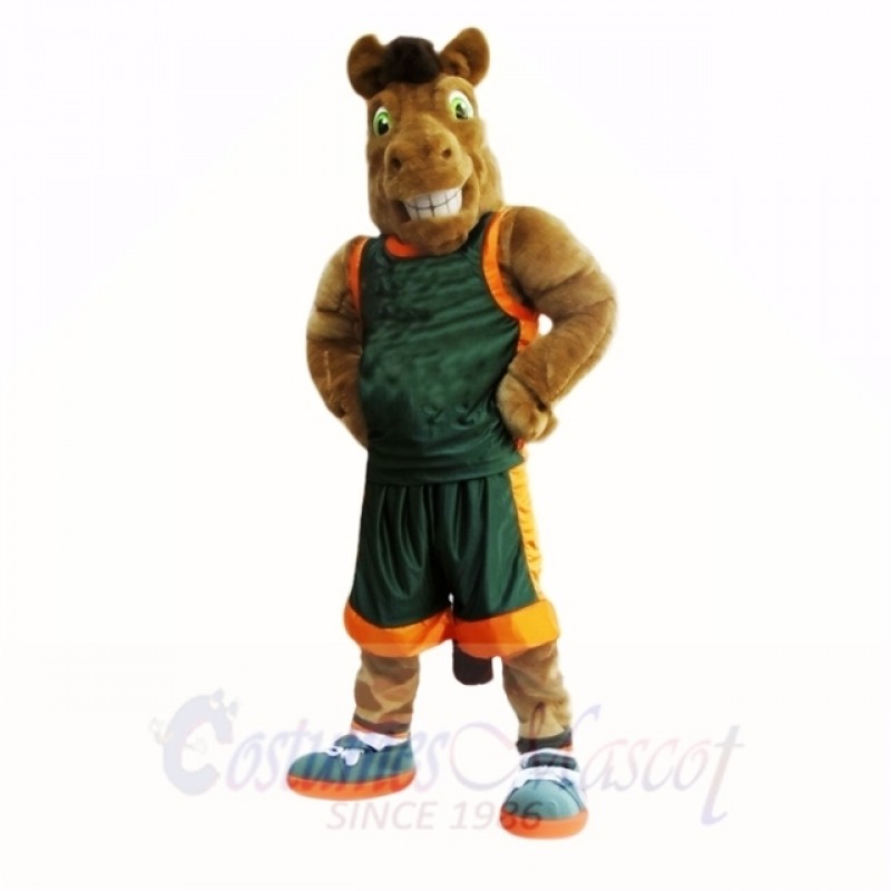 Sport Brown Horse with Green Shirt Mascot Costumes Adult