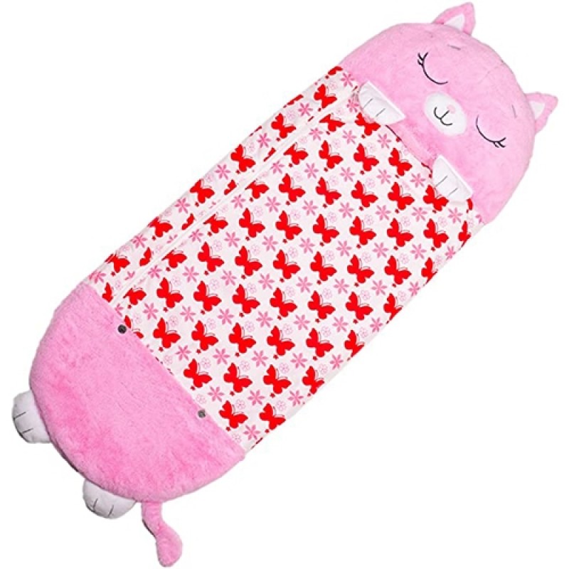 Happy Nappers Pillow & Sleepy Sack 2 in 1 Kids Foldable Sleeping Bag with Pillow Cartoon Animals Pink Kitty