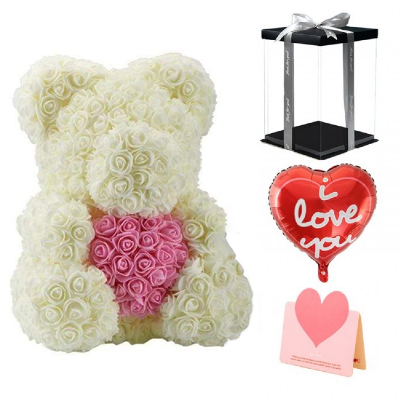 White Rose Teddy Bear Flower Bear with Pink Heart Best Gift for Mother's Day, Valentine's Day, Anniversary, Weddings and Birthday
