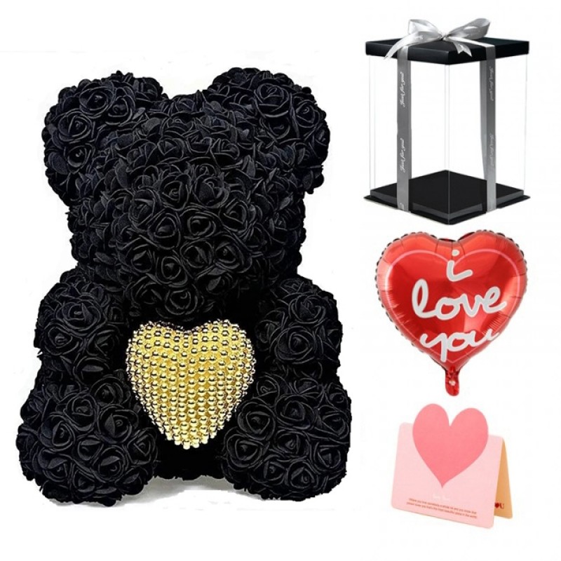 Black Rose Teddy Bear Flower Bear with Pearl Heart Best Gift for Mother's Day, Valentine's Day, Anniversary, Weddings and Birthday