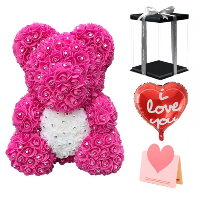 Diamond Pink Rose Teddy Bear Flower Bear with White Heart Best Gift for Mother's Day, Valentine's Day, Anniversary, Weddings and Birthday