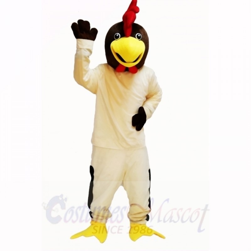 Friendly Beige Chicken with White Shirt Mascot Costumes Cartoon