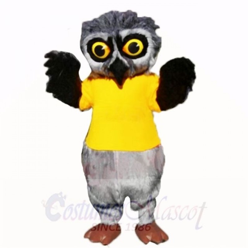 Grey Furry Owl with Yellow Shirt Mascot Costumes School