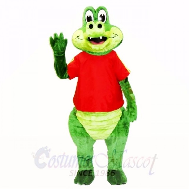 Friendly Crocodile with Red Shirt Mascot Costumes Cartoon