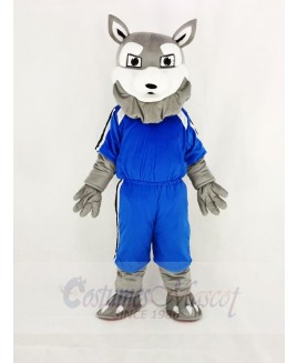 Power Gray Husky Dog with Blue T-shirt Mascot Costume Cartoon