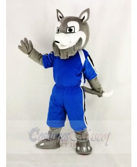 Power Gray Husky Dog with Blue T-shirt Mascot Costume Cartoon