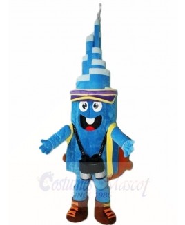 Blue Tower with Hat and Backpack Mascot Costumes  