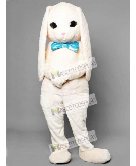White Bunny Easter Rabbit Hare with Blue Bow Mascot Costume