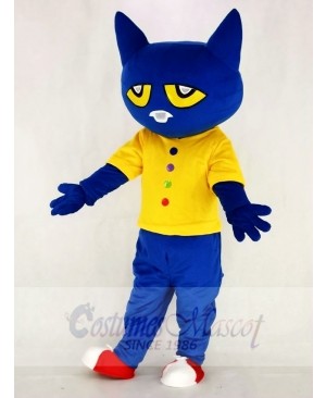 Funny Blue Pete Cat with Yellow Vest Mascot Costume School	