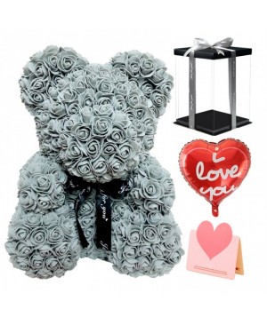 Grey Rose Teddy Bear Flower Bear with Balloon, Greeting Card & Gift Box for Mothers Day, Valentines Day, Anniversary, Weddings & Birthday