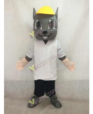 Gray Squirrel Mascot Costume in Yellow Hat