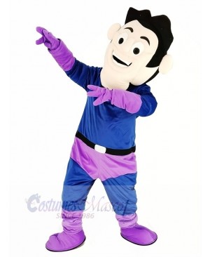 Super Hero in Purple and Blue Coat Mascot Costume People