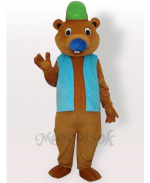 Bear with Green Hat and Blue Vest Adult Mascot Costume