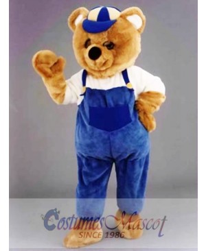 Teddy Bear Mascot Costume with Hat and Blue Overalls