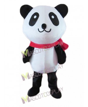 Cartoon Black and White Panda Bear with Red Scarf Mascot Costume