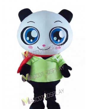 Cartoon Panda Bear in Green Shirt Mascot Costume