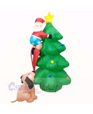 6ft Inflatable Santa Claus Climbing on Christmas Tree Chased by Dog with LED Lights Holiday Decoration Outdoor Yard Lawn Art Decor