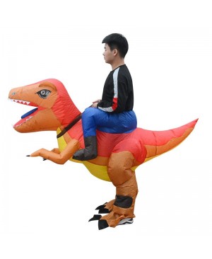 Orange and Yellow Velociraptor Dinosaur Carry me Ride on Inflatable Costume for Adult
