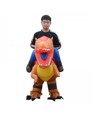 Orange and Yellow Velociraptor Dinosaur Carry me Ride on Inflatable Costume for Adult