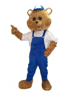 Teddy Bear Mascot Costume with Blue Overalls