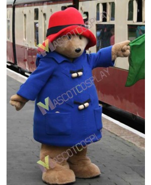 High Quality Adult Cartoon Bear in Blue Coat and Red Hat Mascot Costume