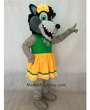 New Grey Big Female Wolf Mascot Costume with Green and Yellow Dress