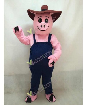 Pink Pig Farmer Hog with Overalls & Hat Mascot Costume