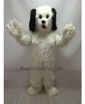 Cute White Shaggy Maggy Dog Plush Mascot Costume with Black Ears