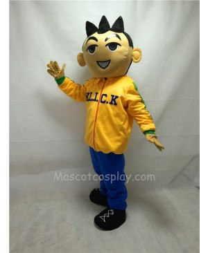 Cute Big Head Boy In Yellow Clothes Mascot Costume