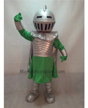 Fierce Silver Knight Mascot Costume with Green Clothing