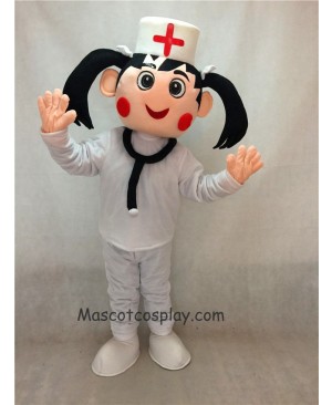 Hot Sale Adorable Realistic New Nurse in White Hat and Suit Mascot Costume with Red Flush