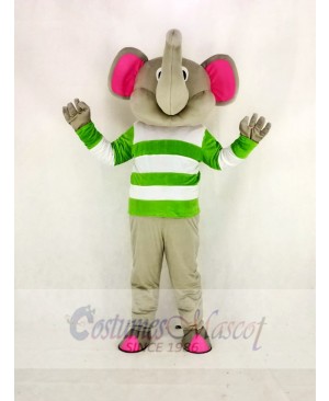 Gray Elephant with Green and White Cloth Mascot Costume Cartoon	